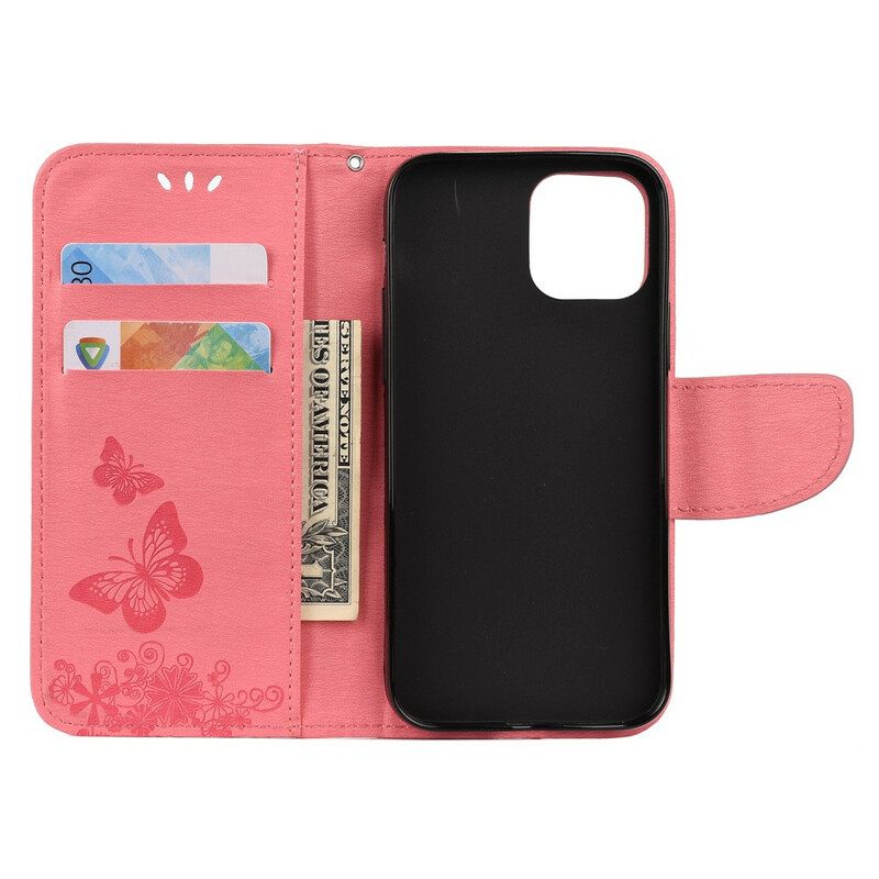 Flip Case iPhone 12 Pro Max Suojaketju Kuori Splendid Butterflies Hihnalla