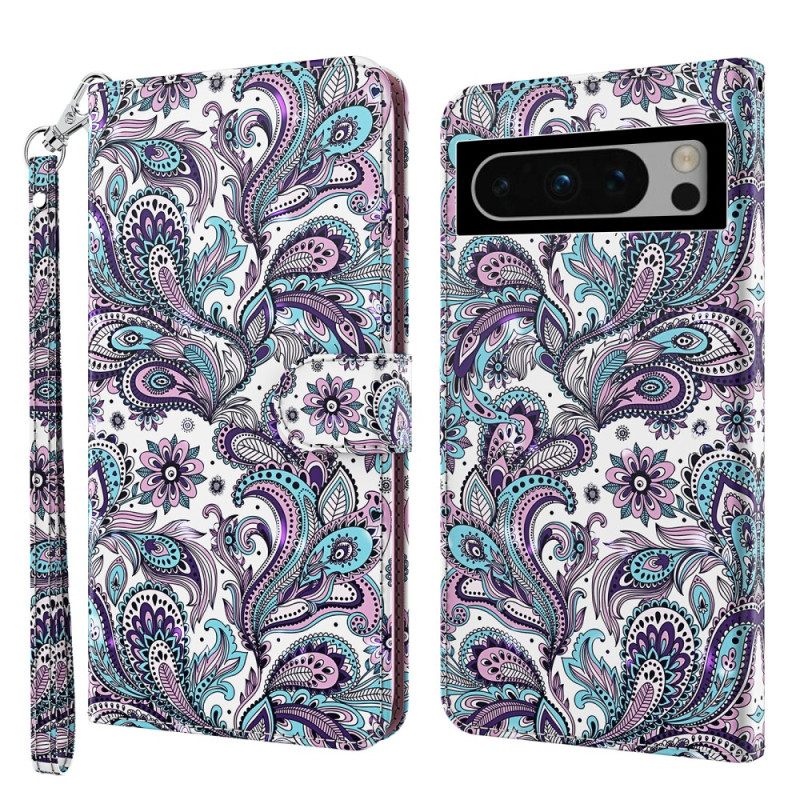 Nahkakotelo Google Pixel 8 Paisley-kuvio Hihnalla