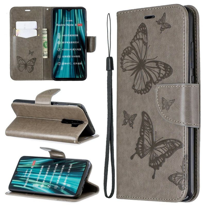 Flip Case Xiaomi Redmi Note 8 Pro Suojaketju Kuori Butterflies Painettu Hihna