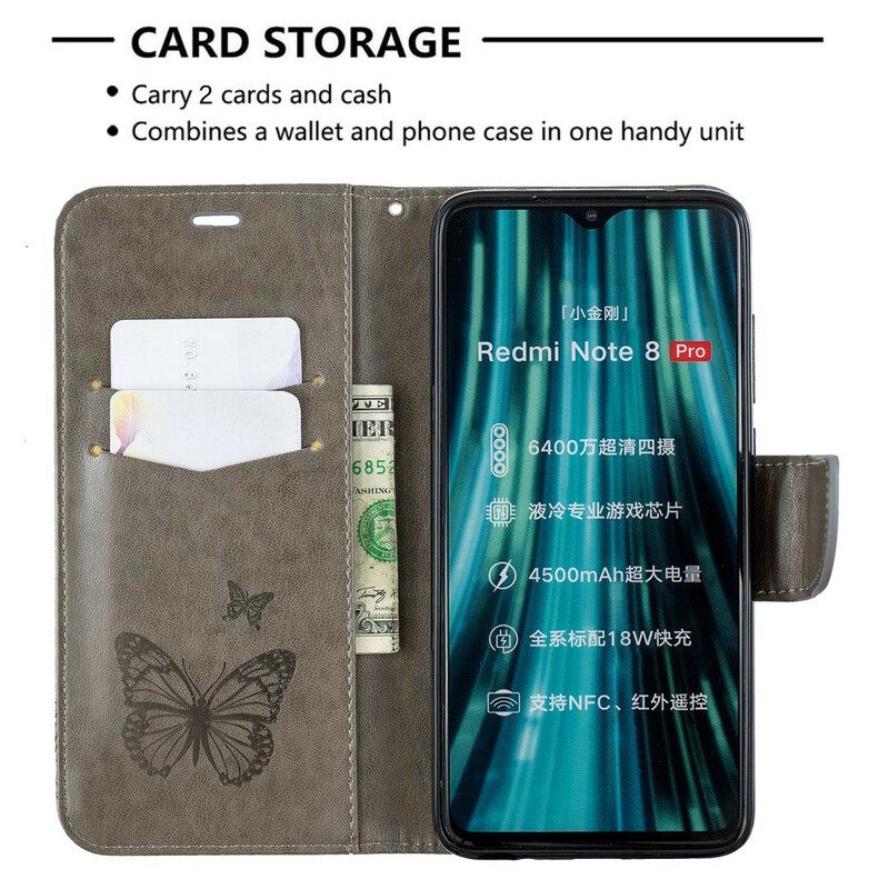 Flip Case Xiaomi Redmi Note 8 Pro Suojaketju Kuori Butterflies Painettu Hihna