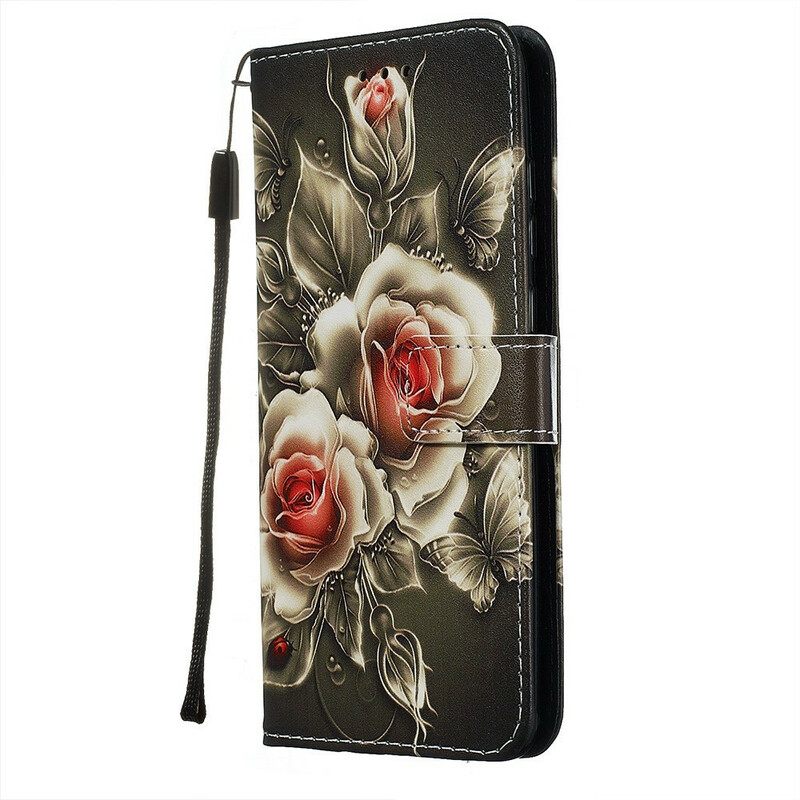 Kotelot Xiaomi Redmi Note 8 Pro Suojaketju Kuori Black Rose Hihnalla