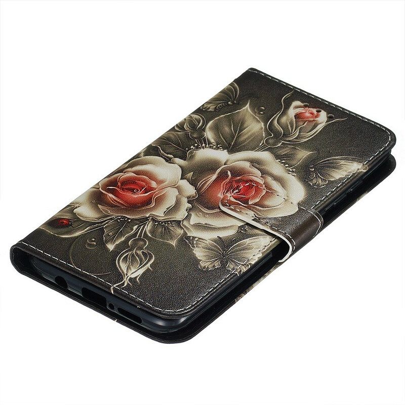 Kotelot Xiaomi Redmi Note 8 Pro Suojaketju Kuori Black Rose Hihnalla