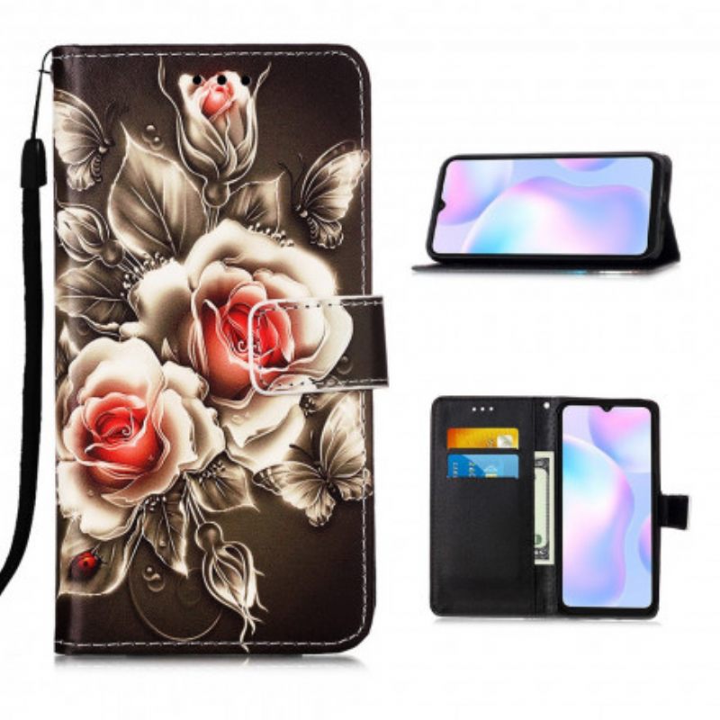 Kotelot Xiaomi Redmi 9A Suojaketju Kuori Black Rose Hihnalla