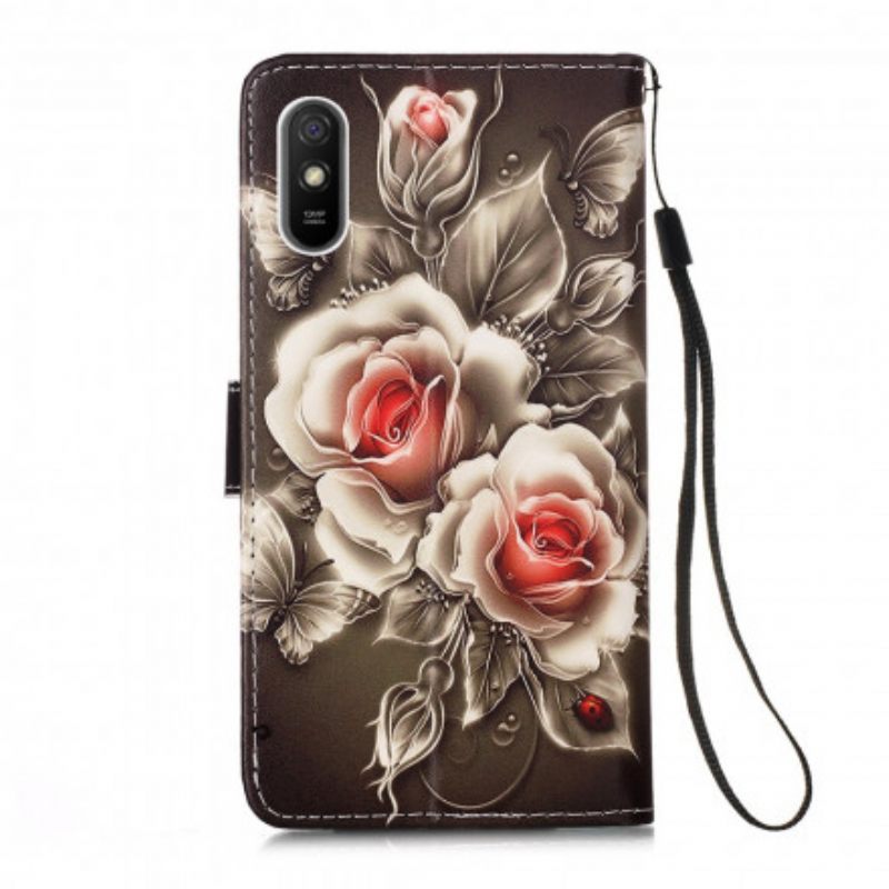 Kotelot Xiaomi Redmi 9A Suojaketju Kuori Black Rose Hihnalla