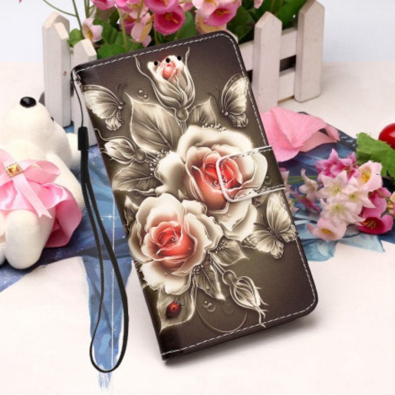 Kotelot Xiaomi Redmi 9A Suojaketju Kuori Black Rose Hihnalla