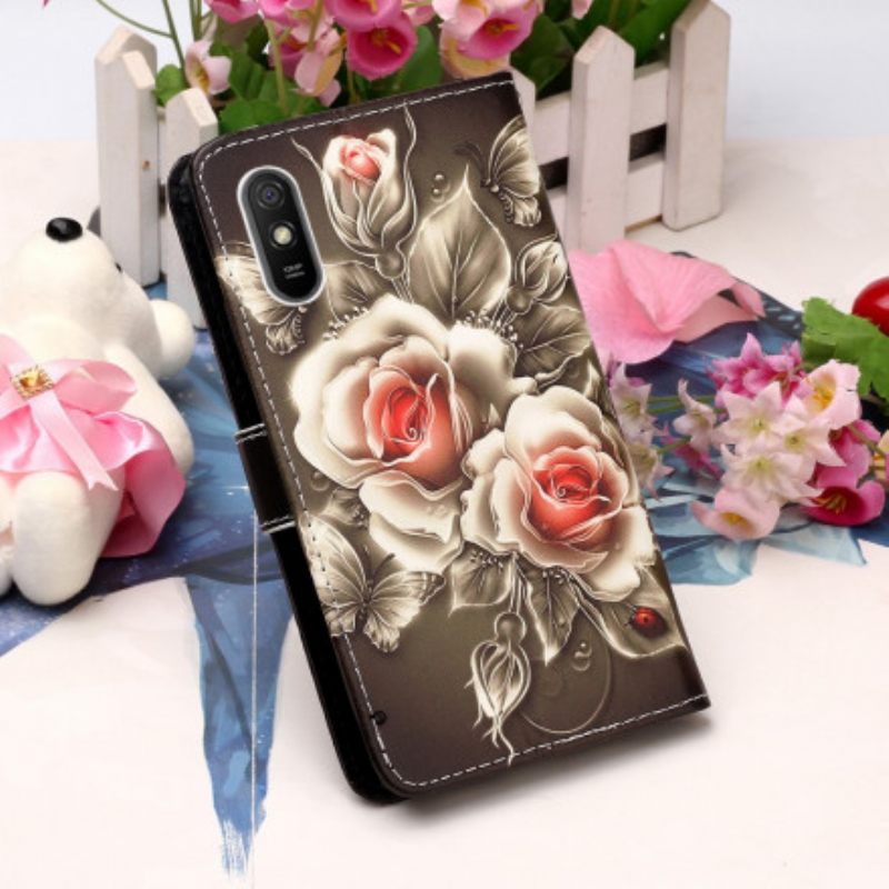 Kotelot Xiaomi Redmi 9A Suojaketju Kuori Black Rose Hihnalla