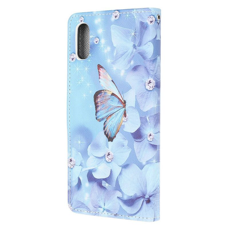 Nahkakotelo Xiaomi Redmi 9A Suojaketju Kuori Diamond Butterflies Hihnalla