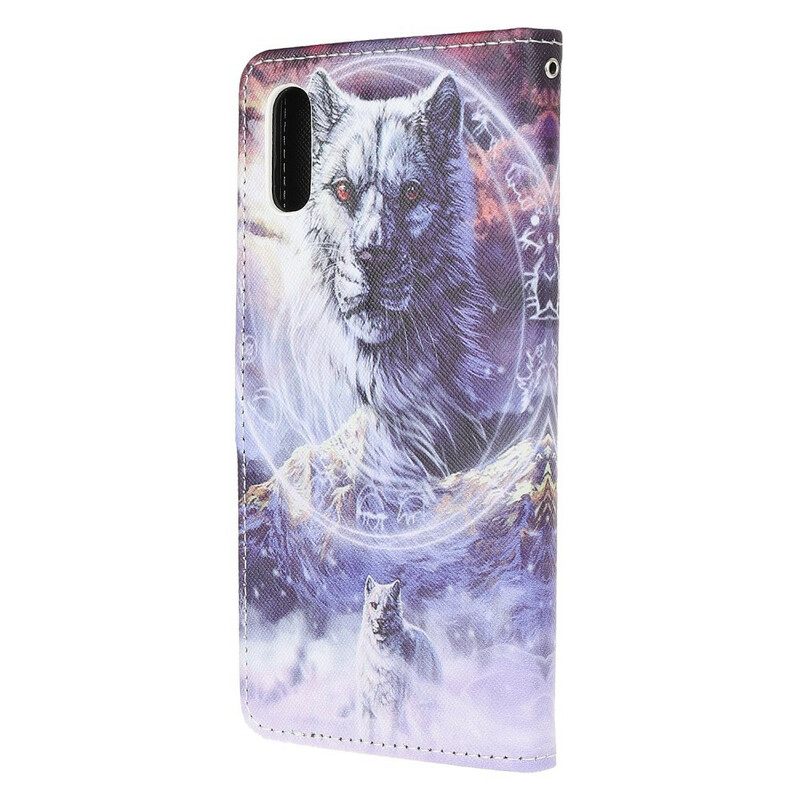 Nahkakotelo Xiaomi Redmi 9A Wolf Talvella Kaulanauhan Kanssa