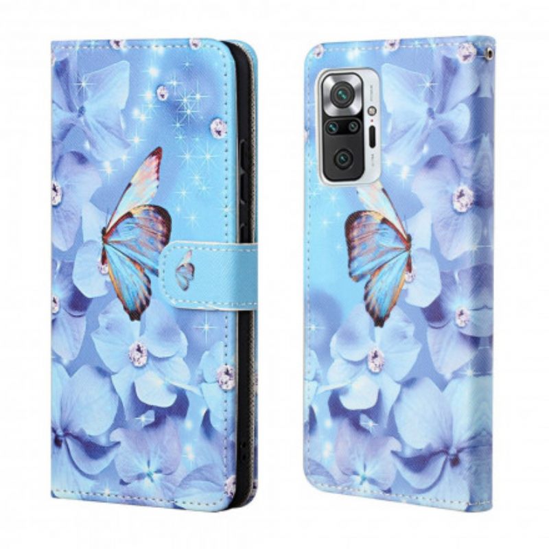 Nahkakotelo Xiaomi Redmi Note 10 Pro Suojaketju Kuori Diamond Butterflies Hihnalla