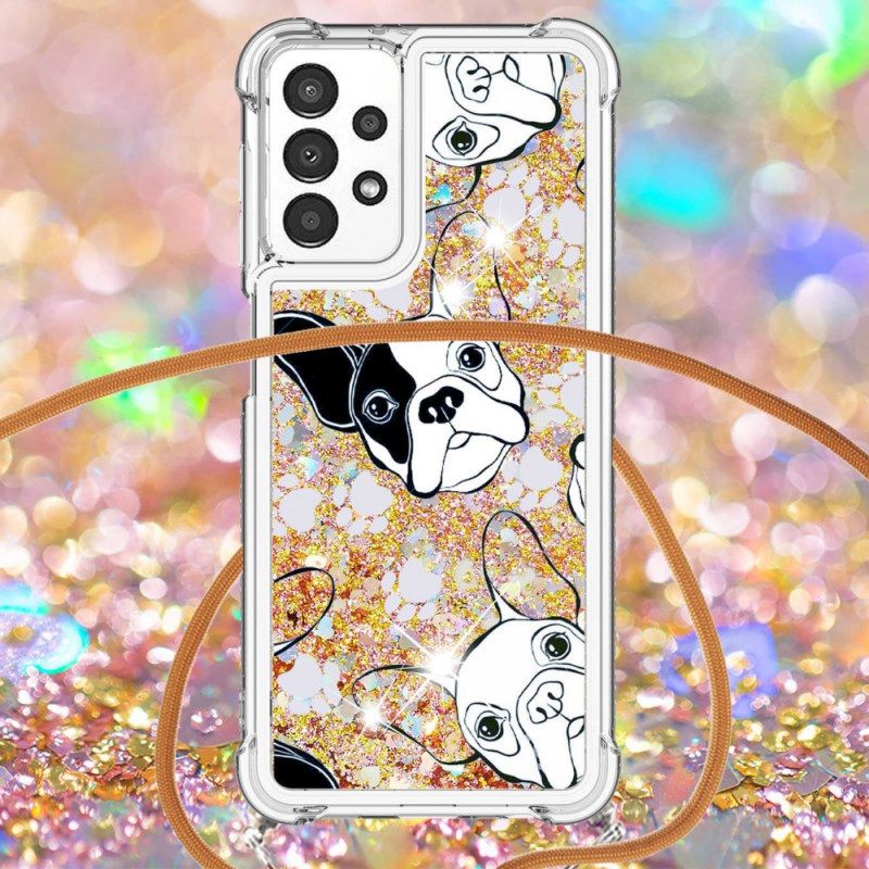 Case Samsung Galaxy A13 Kiristysnyörillä Sequin Drawstring Dogs