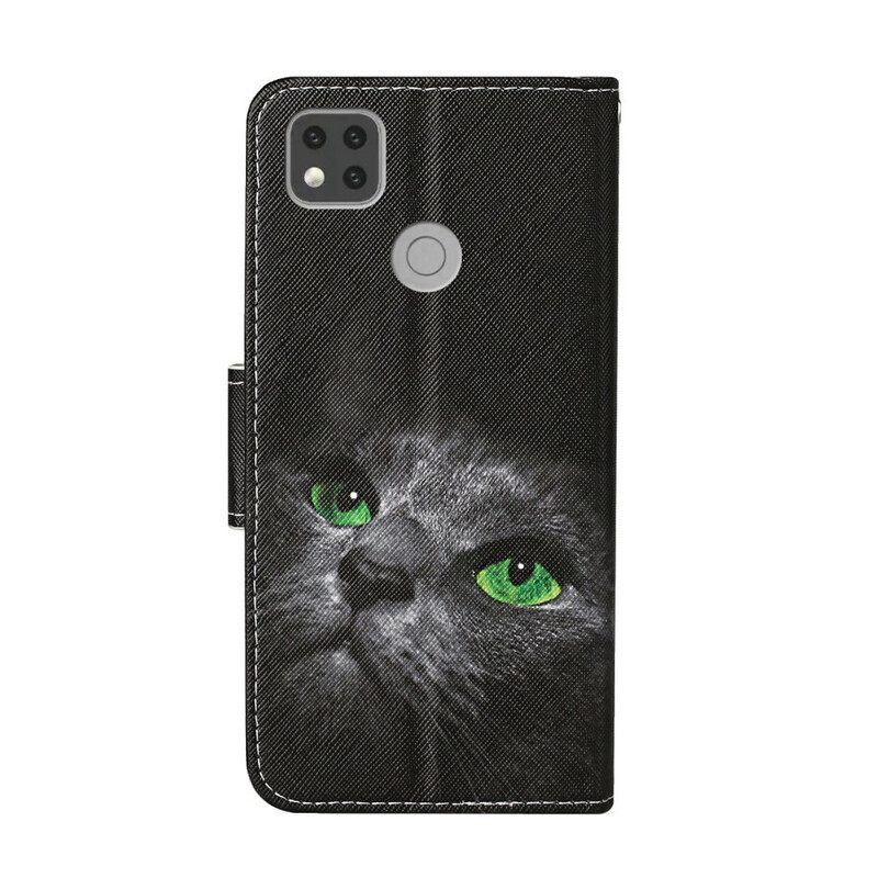 Nahkakotelo Xiaomi Redmi 9C Black Cat Green Eyes