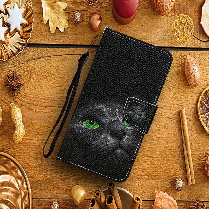 Nahkakotelo Xiaomi Redmi 9C Black Cat Green Eyes