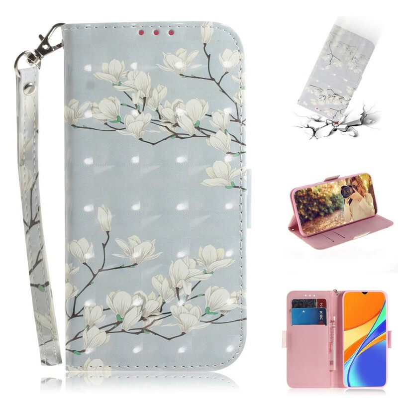 Nahkakotelo Xiaomi Redmi 9C Suojaketju Kuori Strap Flower Branch