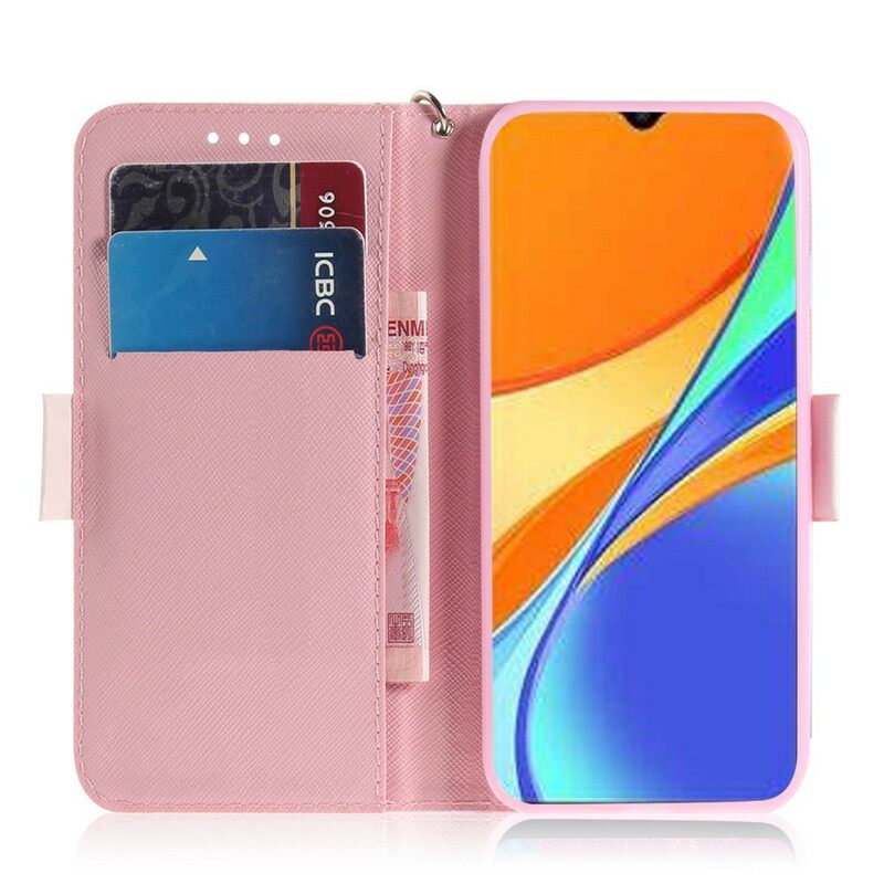 Nahkakotelo Xiaomi Redmi 9C Suojaketju Kuori Strap Flower Branch