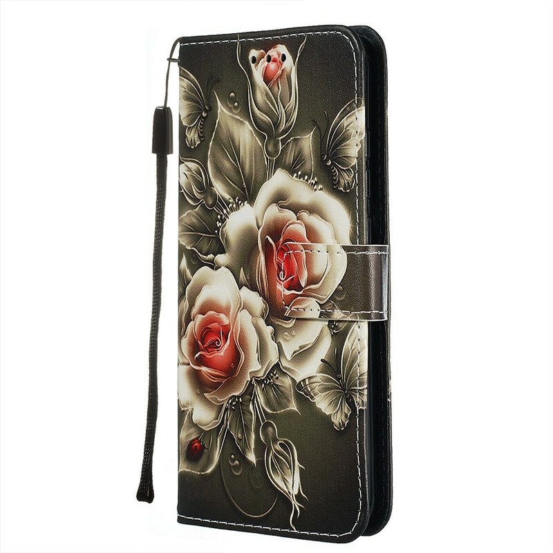 Nahkakotelo Xiaomi Redmi Note 8 Suojaketju Kuori Black Rose Hihnalla