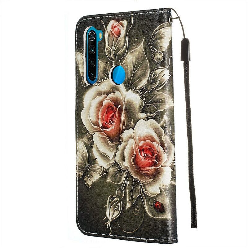 Nahkakotelo Xiaomi Redmi Note 8 Suojaketju Kuori Black Rose Hihnalla