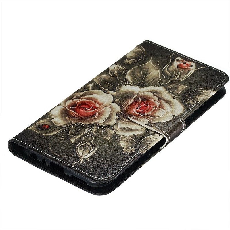 Nahkakotelo Xiaomi Redmi Note 8 Suojaketju Kuori Black Rose Hihnalla