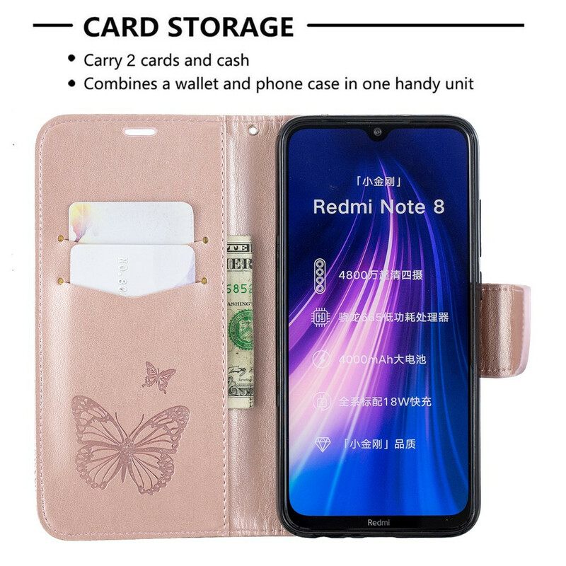 Nahkakotelo Xiaomi Redmi Note 8 Suojaketju Kuori Butterflies Painettu Hihna