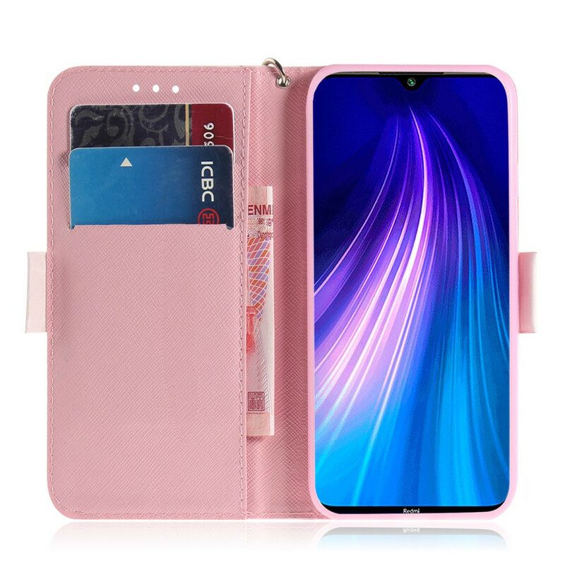 Nahkakotelo Xiaomi Redmi Note 8 Suojaketju Kuori Strap Kukkiva Puu