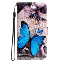 Kotelot Moto G73 5G Suojaketju Kuori Precious Blue Butterfly Hihnalla