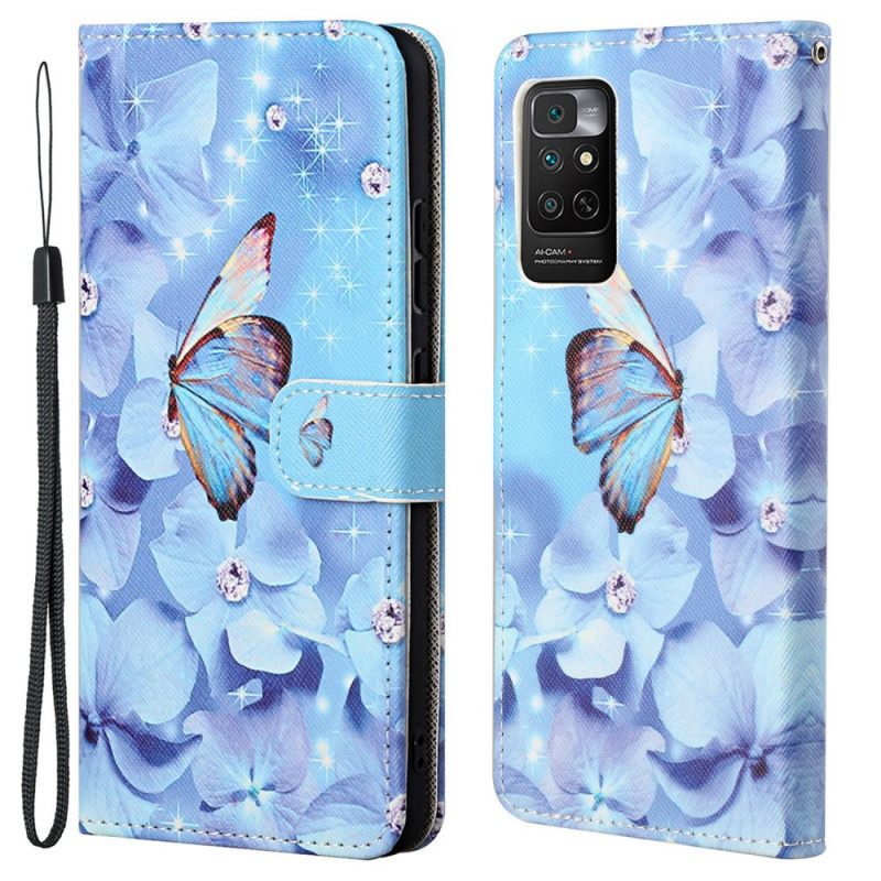 Nahkakotelo Xiaomi Redmi Note 11 / 11S Suojaketju Kuori Diamond Butterflies Hihnalla