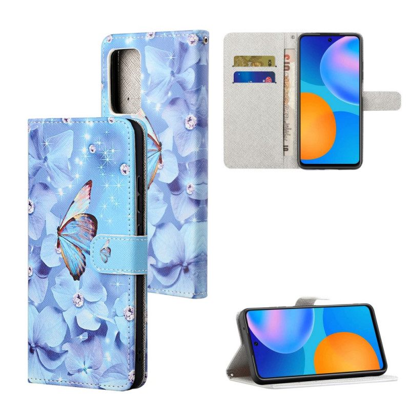 Nahkakotelo Xiaomi Redmi Note 11 / 11S Suojaketju Kuori Diamond Butterflies Hihnalla