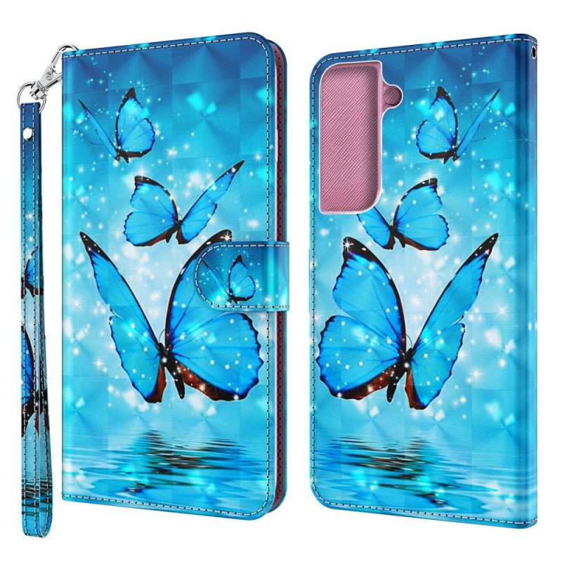 Kotelot Samsung Galaxy S22 Plus 5G Suojaketju Kuori Blue Butterflies Hihnalla