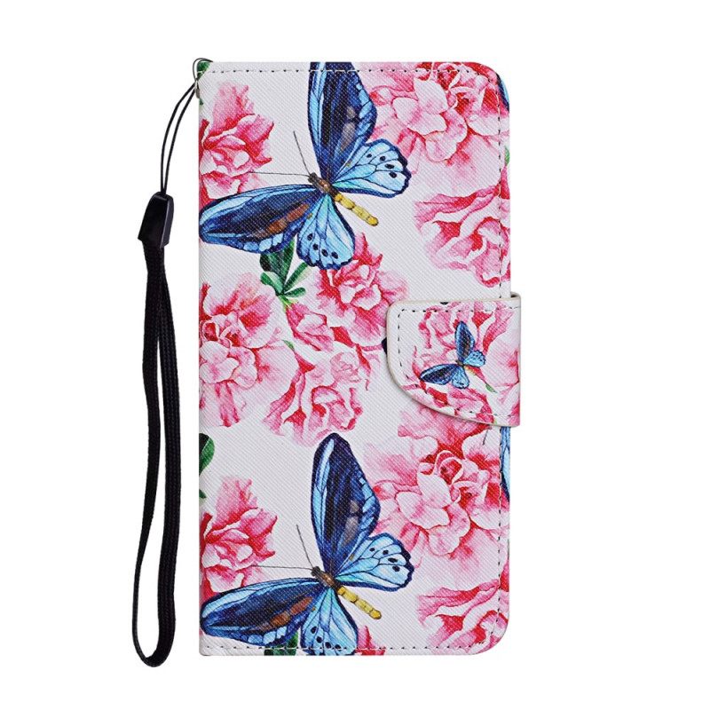 Nahkakotelo Samsung Galaxy S22 Plus 5G Floral Butterflies Lanyard