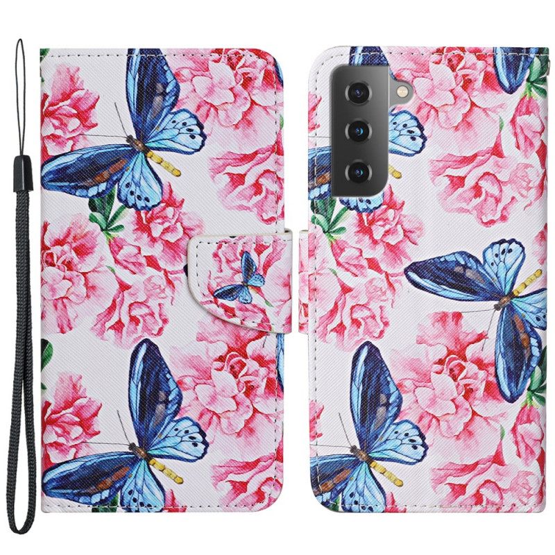 Nahkakotelo Samsung Galaxy S22 Plus 5G Floral Butterflies Lanyard