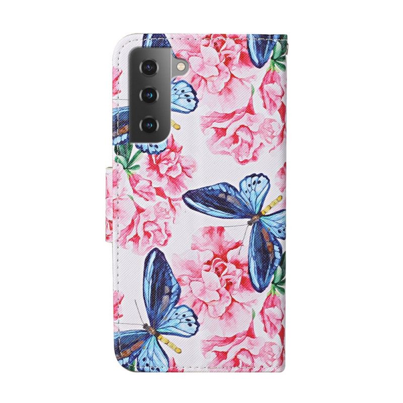 Nahkakotelo Samsung Galaxy S22 Plus 5G Floral Butterflies Lanyard