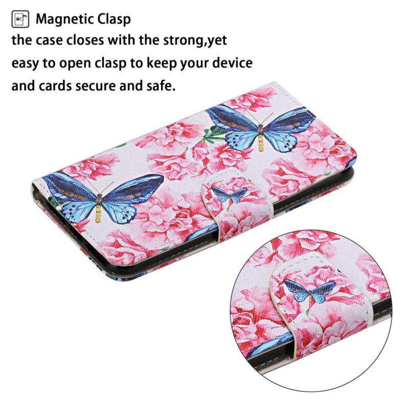 Nahkakotelo Samsung Galaxy S22 Plus 5G Floral Butterflies Lanyard