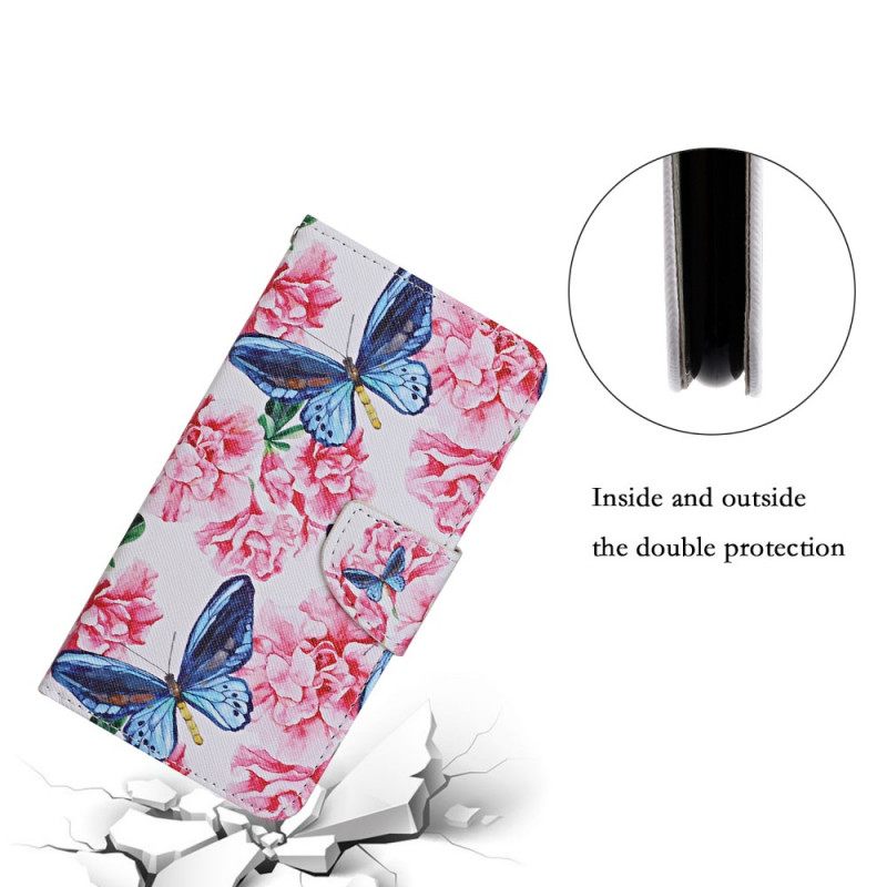 Nahkakotelo Samsung Galaxy S22 Plus 5G Floral Butterflies Lanyard