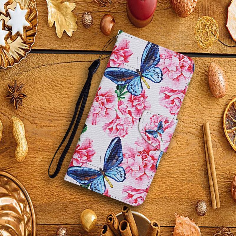 Nahkakotelo Samsung Galaxy S22 Plus 5G Floral Butterflies Lanyard