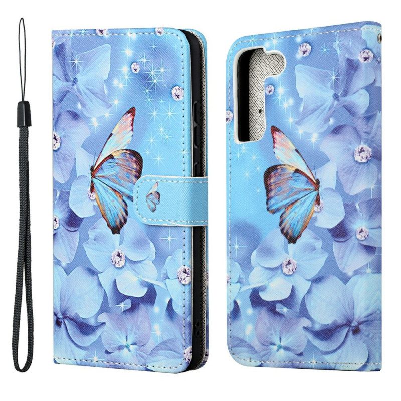 Nahkakotelo Samsung Galaxy S22 Plus 5G Suojaketju Kuori Diamond Butterflies Hihnalla