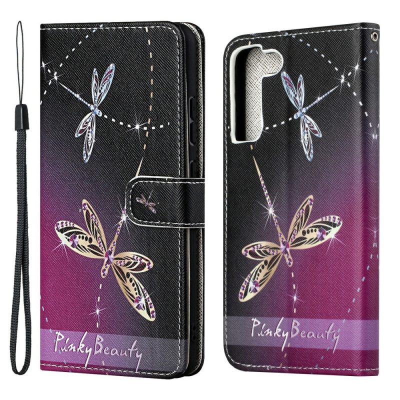 Nahkakotelo Samsung Galaxy S22 Plus 5G Suojaketju Kuori Strappy Dragonflies