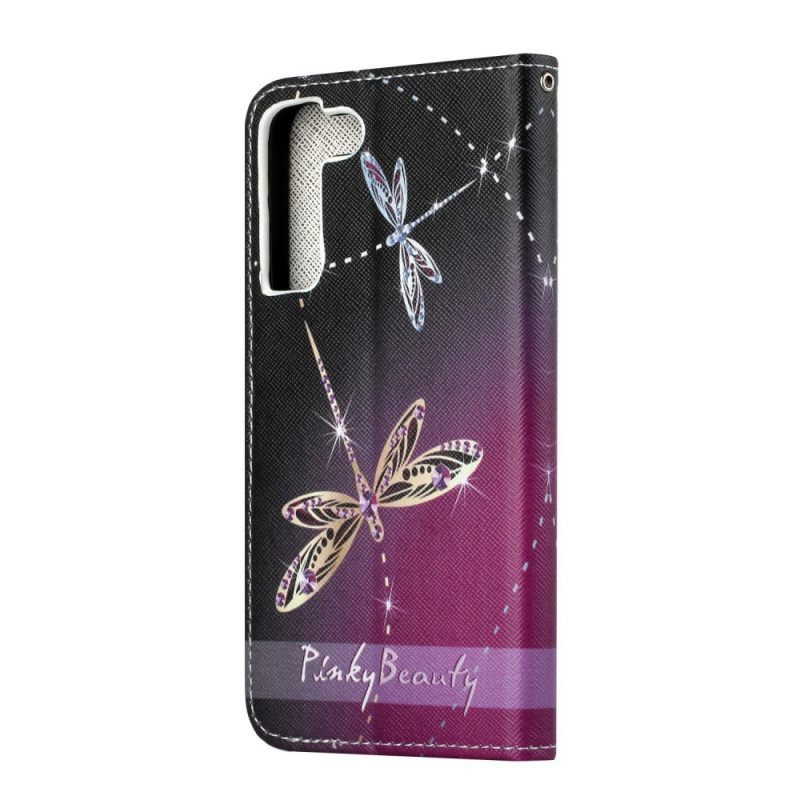 Nahkakotelo Samsung Galaxy S22 Plus 5G Suojaketju Kuori Strappy Dragonflies