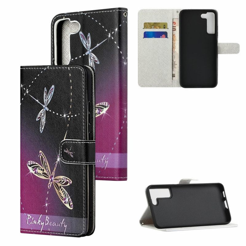 Nahkakotelo Samsung Galaxy S22 Plus 5G Suojaketju Kuori Strappy Dragonflies