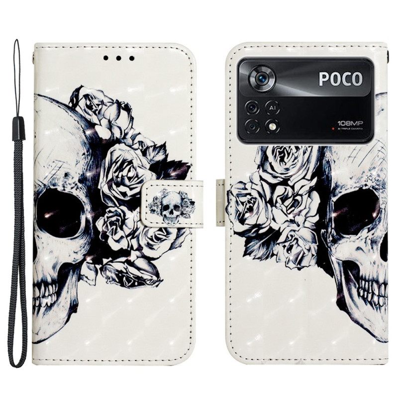 Nahkakotelo Poco X4 Pro 5G Suojaketju Kuori Floral Skull Hihnalla