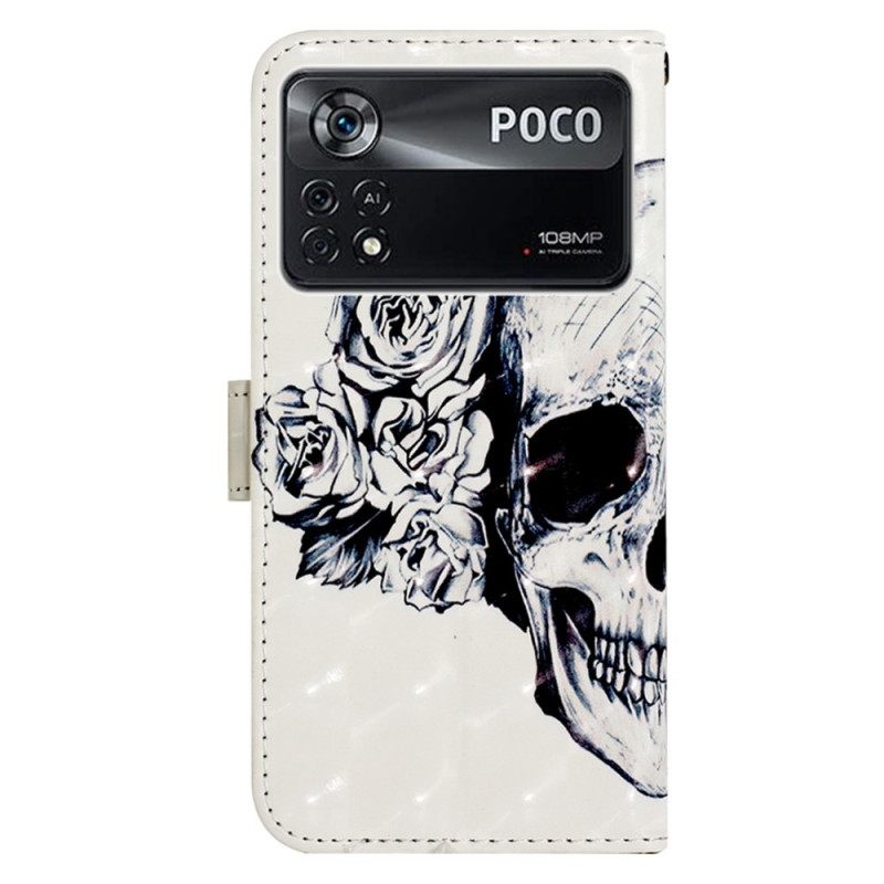 Nahkakotelo Poco X4 Pro 5G Suojaketju Kuori Floral Skull Hihnalla