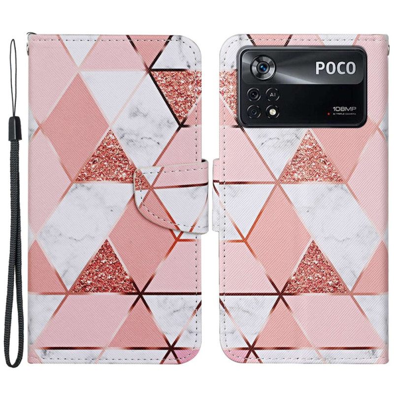 Nahkakotelo Poco X4 Pro 5G Suojaketju Kuori Marble Glitter Strappy