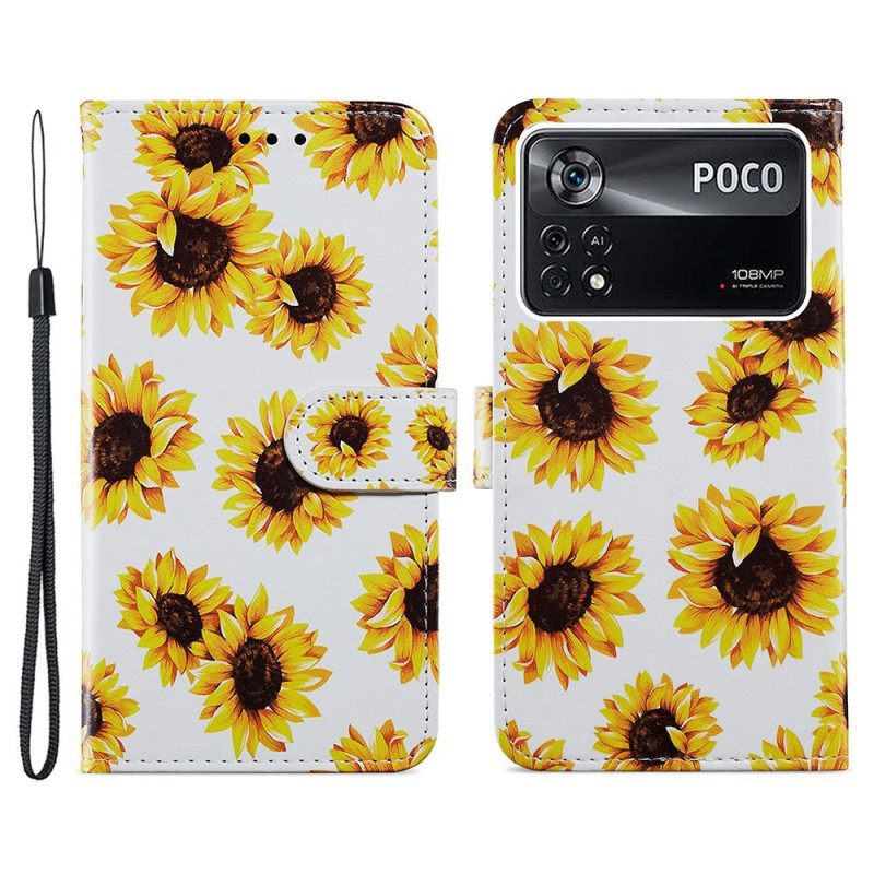 Nahkakotelo Poco X4 Pro 5G Suojaketju Kuori Strap Flowers