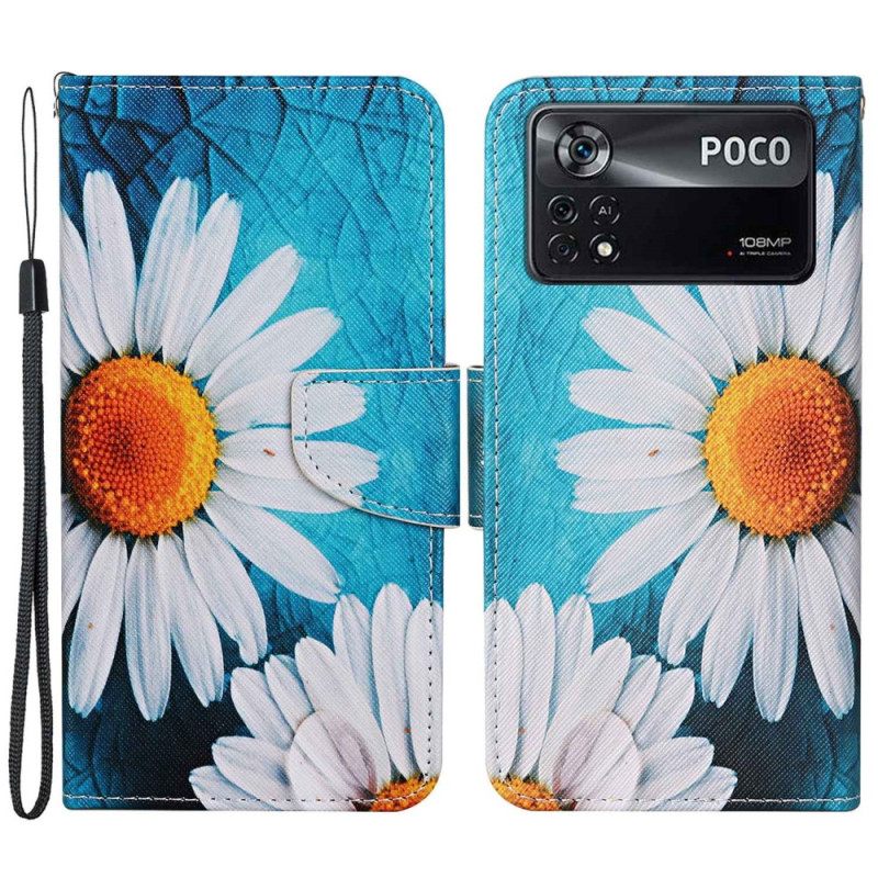 Nahkakotelo Poco X4 Pro 5G Suojaketju Kuori Thong Daisies