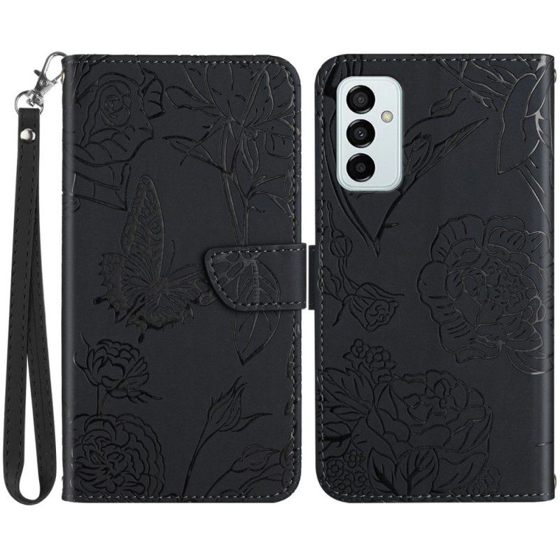 Nahkakotelo Samsung Galaxy M23 5G Discreet Butterflies Ja Lanyard