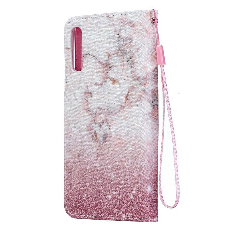 Kotelot Samsung Galaxy A70 Suojaketju Kuori Pink Marble Irrotettavalla Hihnalla