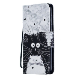 Kotelot Samsung Galaxy A70 Suojaketju Kuori White Cat Black Cat Irrotettavalla Hihnalla