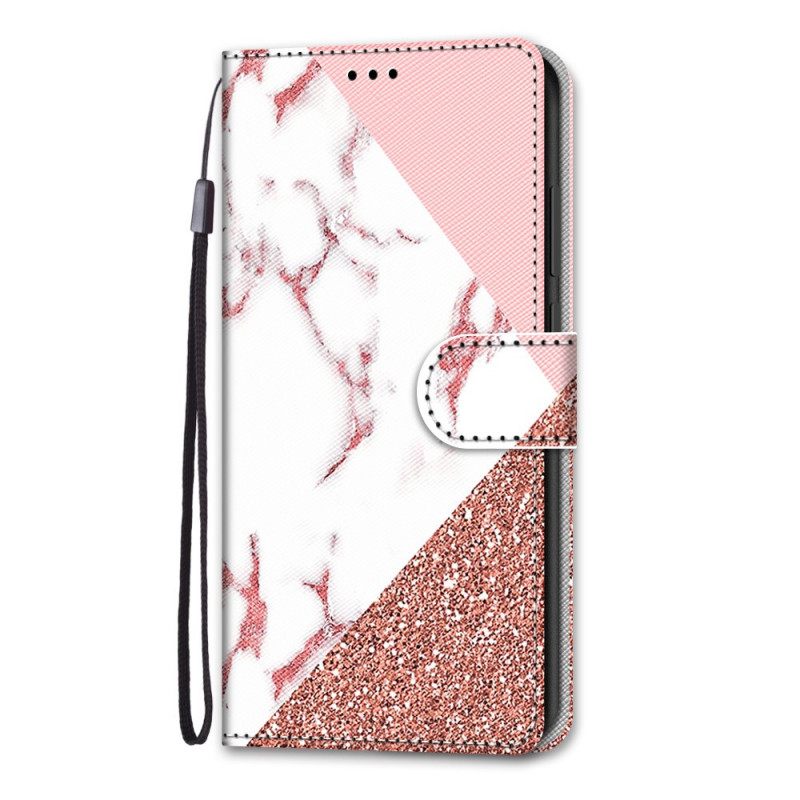 Flip Case Samsung Galaxy A03 Core Kolmio Marmorissa Ja Paljeteissa