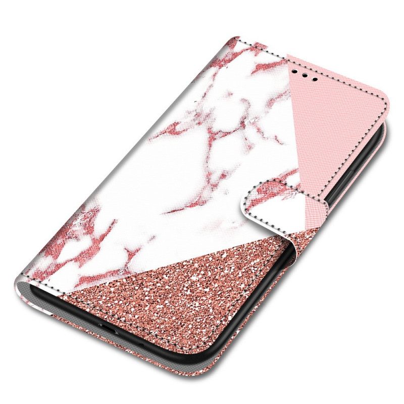 Flip Case Samsung Galaxy A03 Core Kolmio Marmorissa Ja Paljeteissa