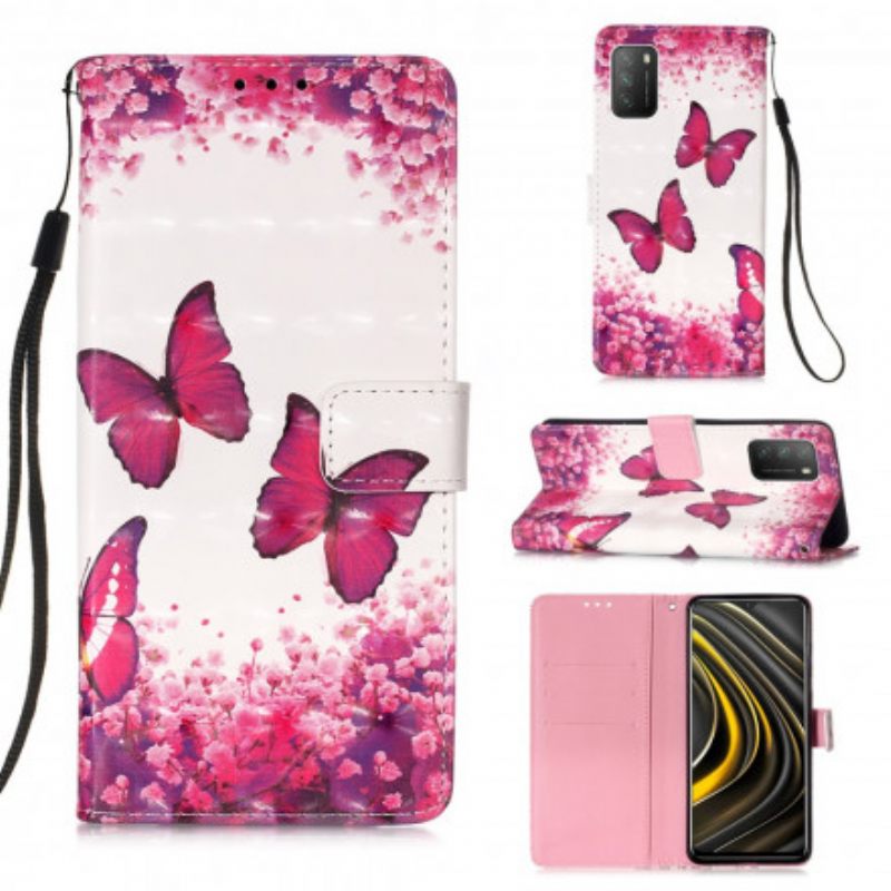 Flip Case Poco M3 Red Butterflies