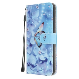 Flip Case Poco M3 Suojaketju Kuori Diamond Butterflies Hihnalla