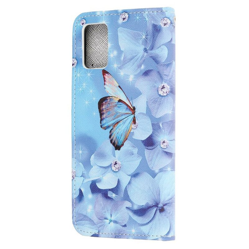 Flip Case Poco M3 Suojaketju Kuori Diamond Butterflies Hihnalla